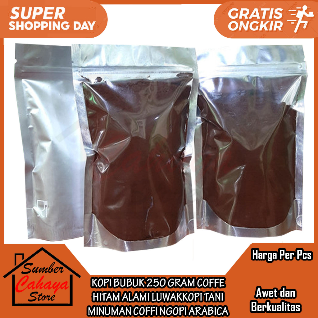 

COFFE HITAM ALAMI KOPI BUBUK 250 GRAM LUWAKKOPI TANI MINUMAN COFFI NGOPI ARABICA ARABIKA TORABIKA MINUM KOPPI ITAM KEMASAN SACHET 250gr SEPEREMPAT COFE GILING HALUS HOMAMADE