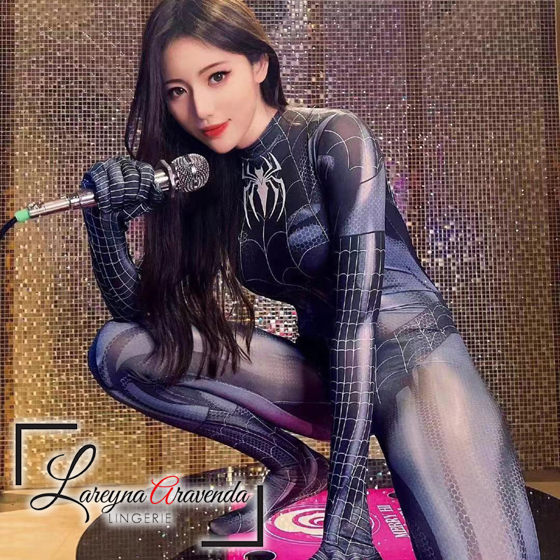 Lareyna Aravenda Bodysuit Wanita Lingerie Kostum Playsuits Cosplay Superhero Black Spiderman LG165