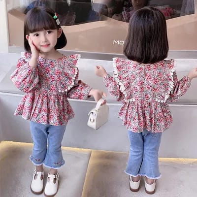 Setelan baju anak perempuan motif FLORAL RED ala korea impor / one set anak lucu