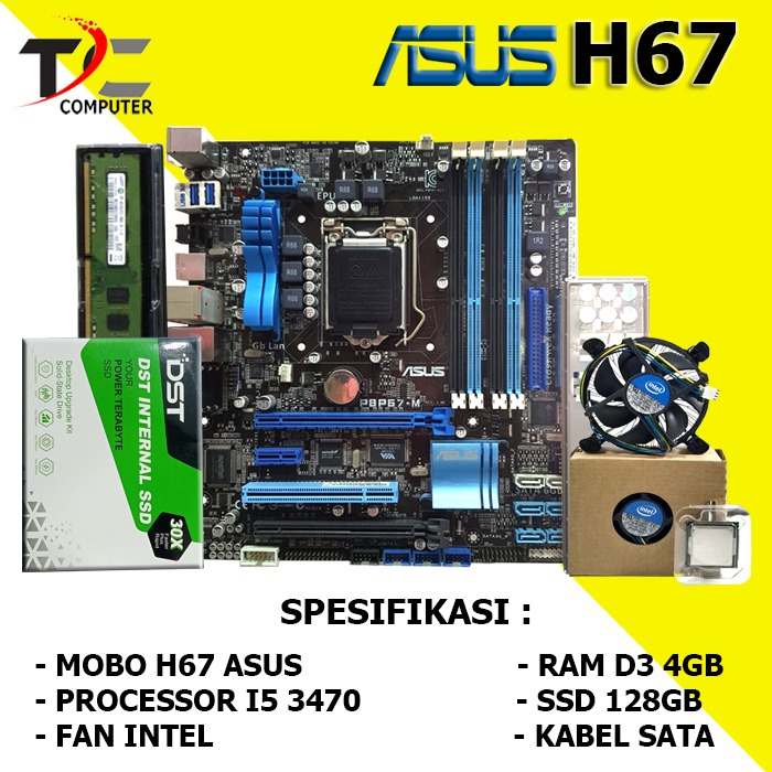 Paket Mobo H67 LGA 1155 DDR3 Plus RAM SSD Processor I3 3220/I5 3470 Fan