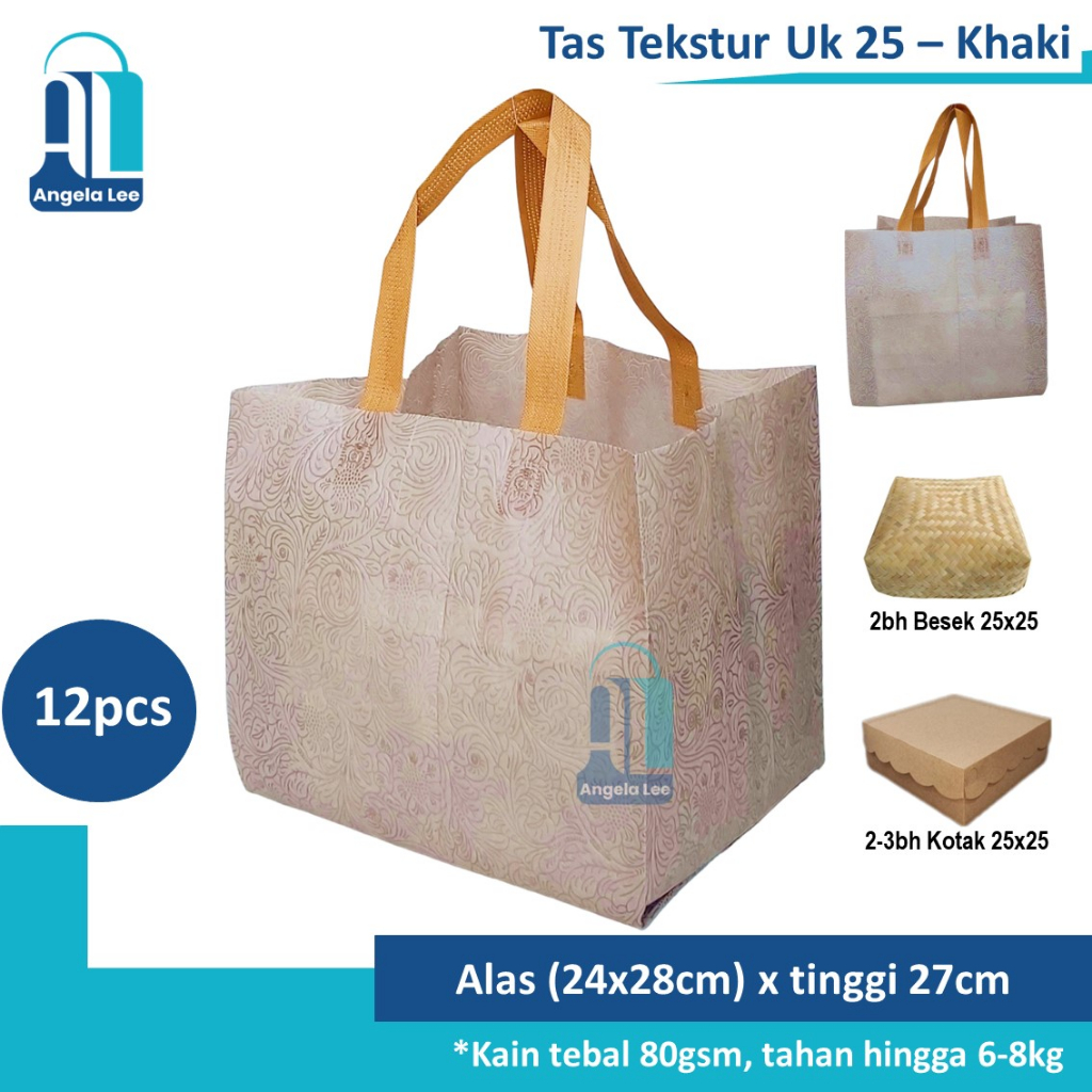 12pcs Tas Kain Spunbond Motif Tekstur Timbul Mewah muat 2box 25x25 Hijau Bunga Hajatan Syukuran