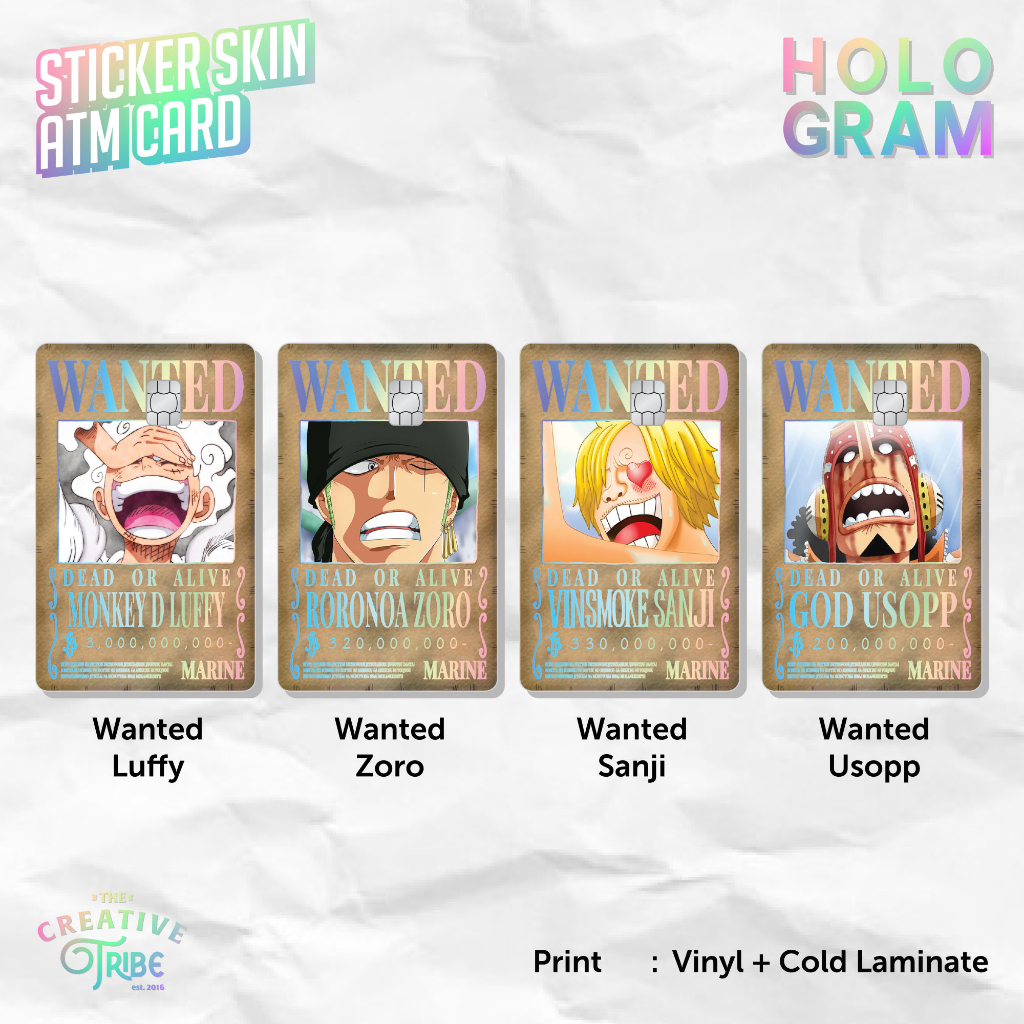 Sticker Skin Card HOLOGRAM Wanted Bounty One Piece - Vinyl ATM Debit Credit Emoney Flazz Stiker