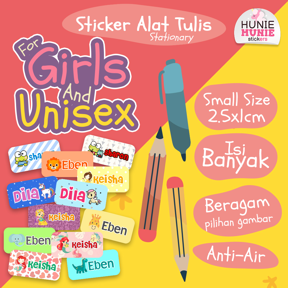 

Sticker Alat Tulis - SMALL SERIES #1 (Girls & Unisex) (Size S) Stiker Label Nama Custom Kecil Bolpen Pensil Stationary (150pcs+)