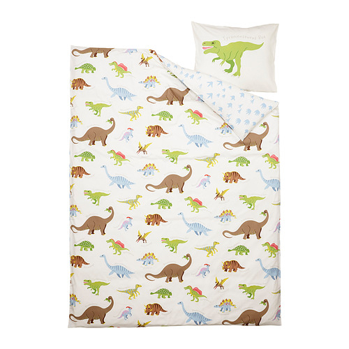 JATTELIK Sarung duvet 150x200 cm dan sarung bantal 50x80 cm, dinosaurs/putih