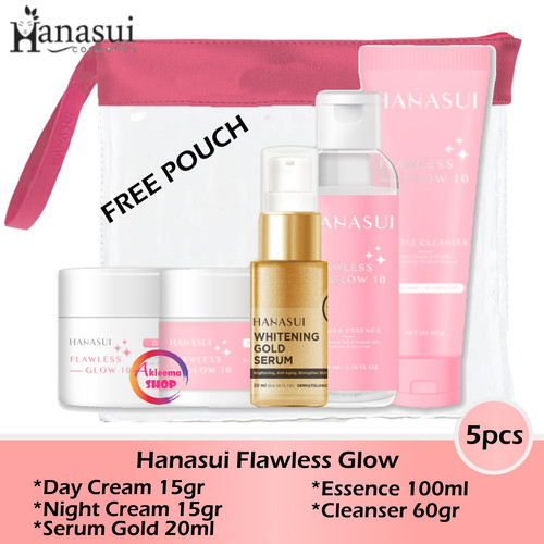 PAKET HANASUI FLAWLESS GLOW 5 PCS [ DAY + NIGHT + SERUM + ESSENCE + CLEANCER ]