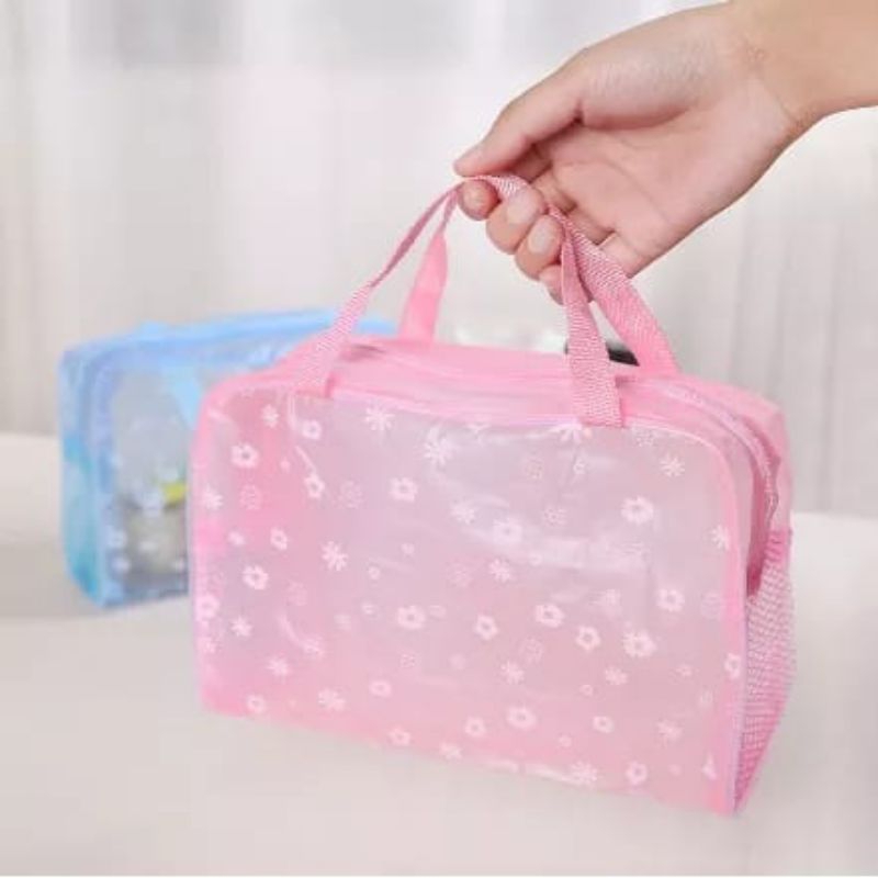 FIJAY354 Tas Plastik Transparant Anti Air Motif Bunga / Pouch Make Up Alat Mandi Ready Samarinda