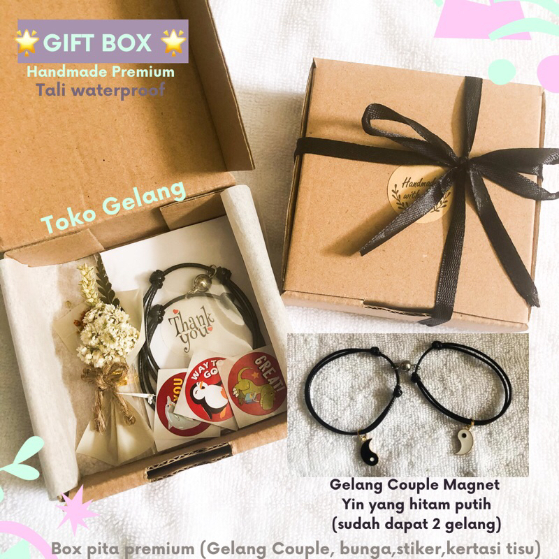(New) Box Gift Pita + 2 Gelang Yin Yang Hitam Putih / Gelang Couple Magnet Tali Premium Pria Wanita