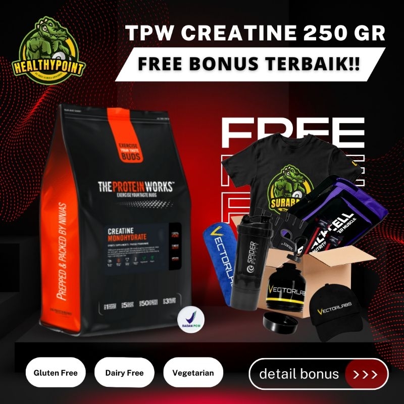 THE PROTEIN WORKS CREATINE MONOHYDRATE 250 GRAM BPOM 50 SERVING SUPLEMEN FITNESS BULKING ON GYM NOT EVOLENE CREVOLENE 330 75 SERVING ON OPTIMUM NUTRITION MUSCLETECH PLATINUM CREAKONG 300 400 GRAM
