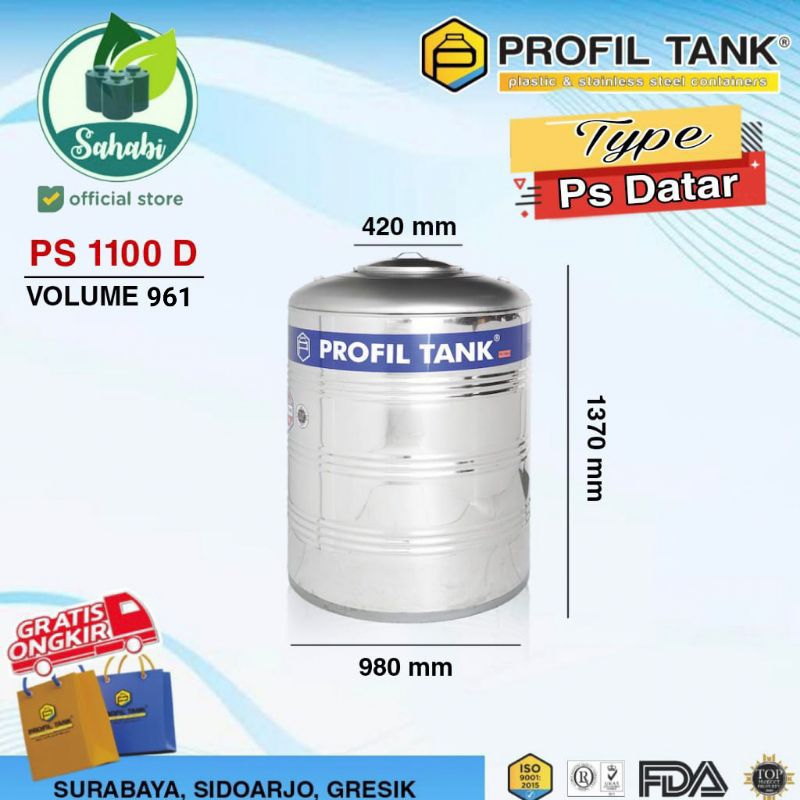 Toren Air Tangki Air Tandon Air Profil Tank Stainless PS 1100 Liter 961 Liter Datar Tanpa Kaki