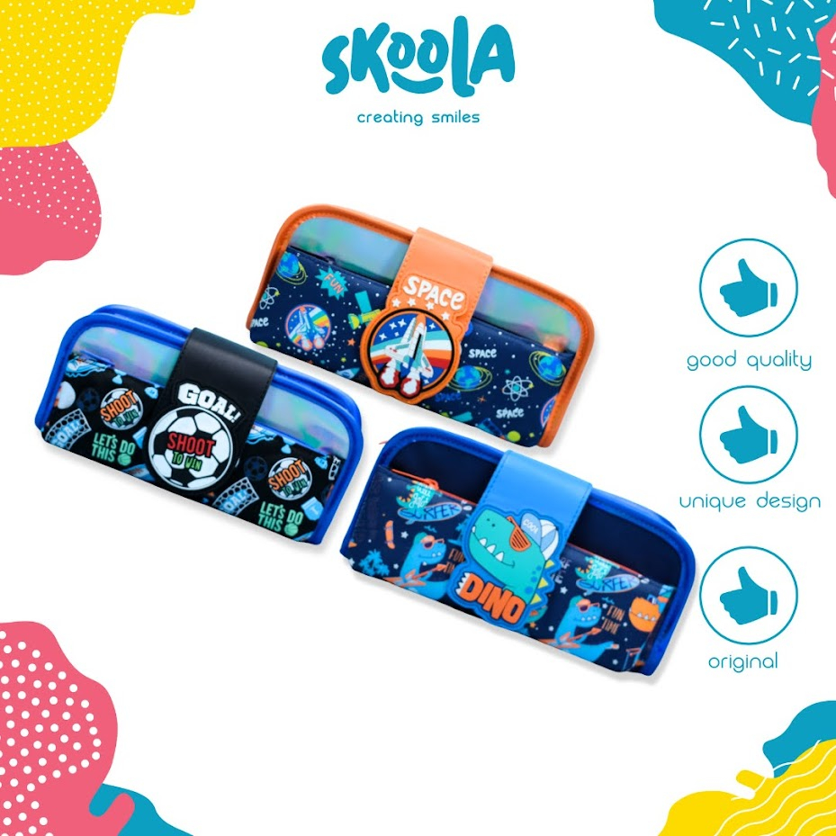 Skoola Tempat Pensil Lipat 3 Pencil Case Threefold Anak Laki - Laki Lucu Bola Dinosaurus Astronot - Pensy