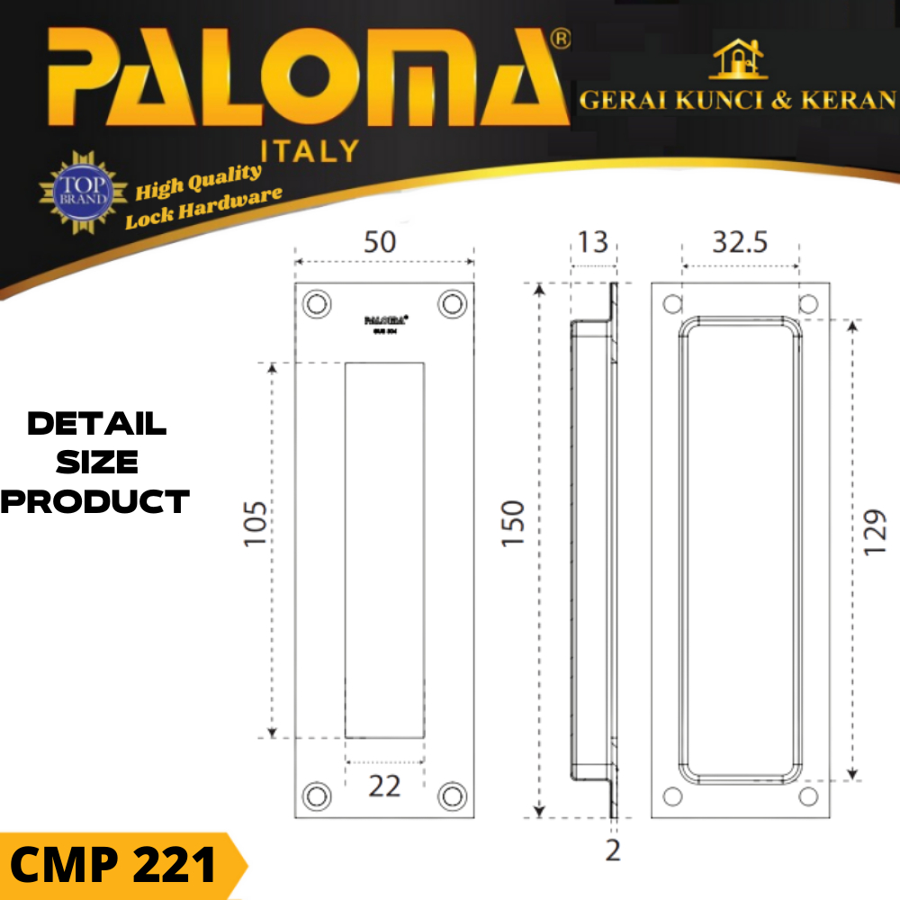 PALOMA CMP 221 COMEN SQUARE 15CM GAGANG PINTU SLIDING HITAM BLACK MATTE