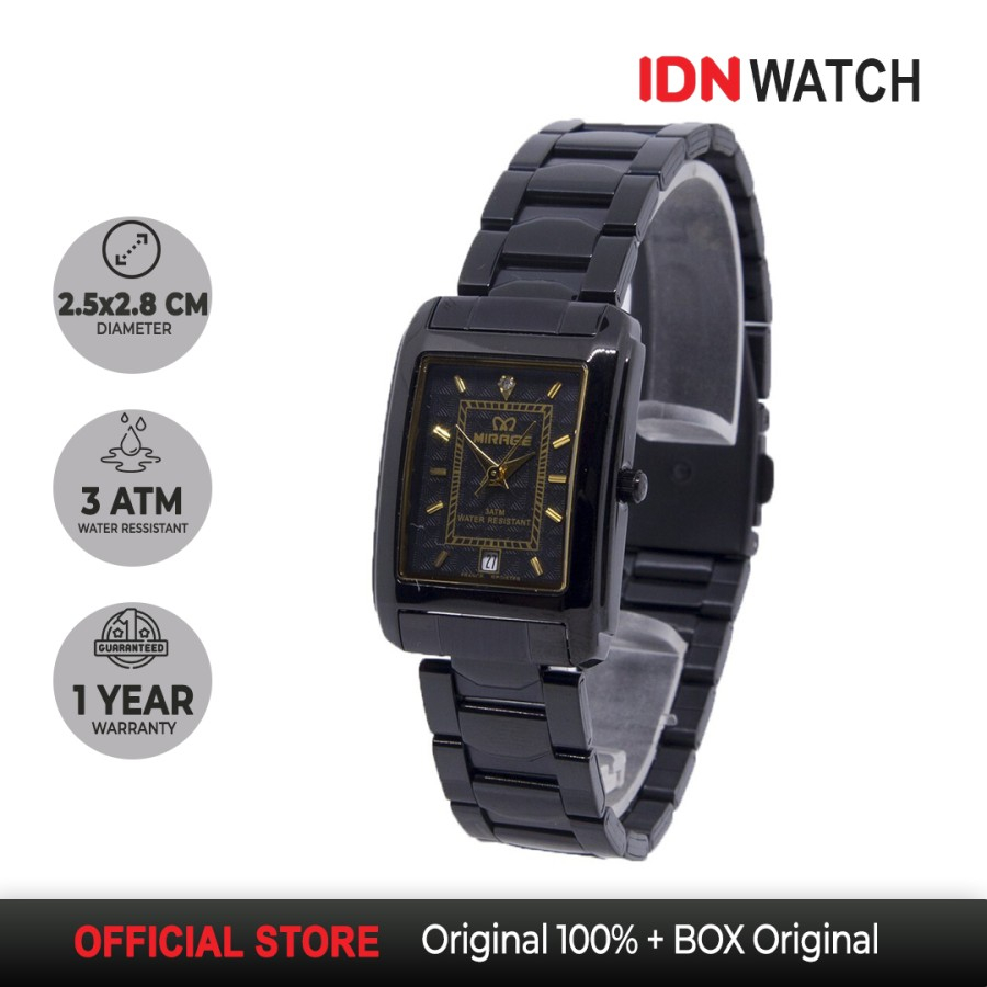 Jam Tangan Mirage Wanita Model Petak Hitam Black 7738 L Tahan Air Garansi Original