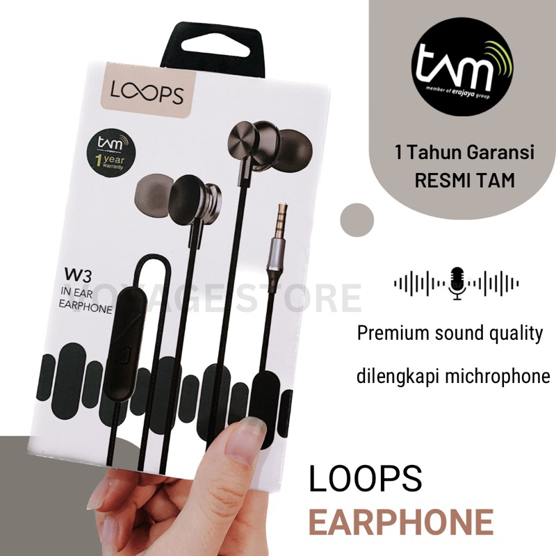 GARANSI TAM 1 Tahun Earphone Loops Original headset kabel bass 3.5mm AUX W3 Microphone Premium quality audio Hifi TWS earbuds airpods