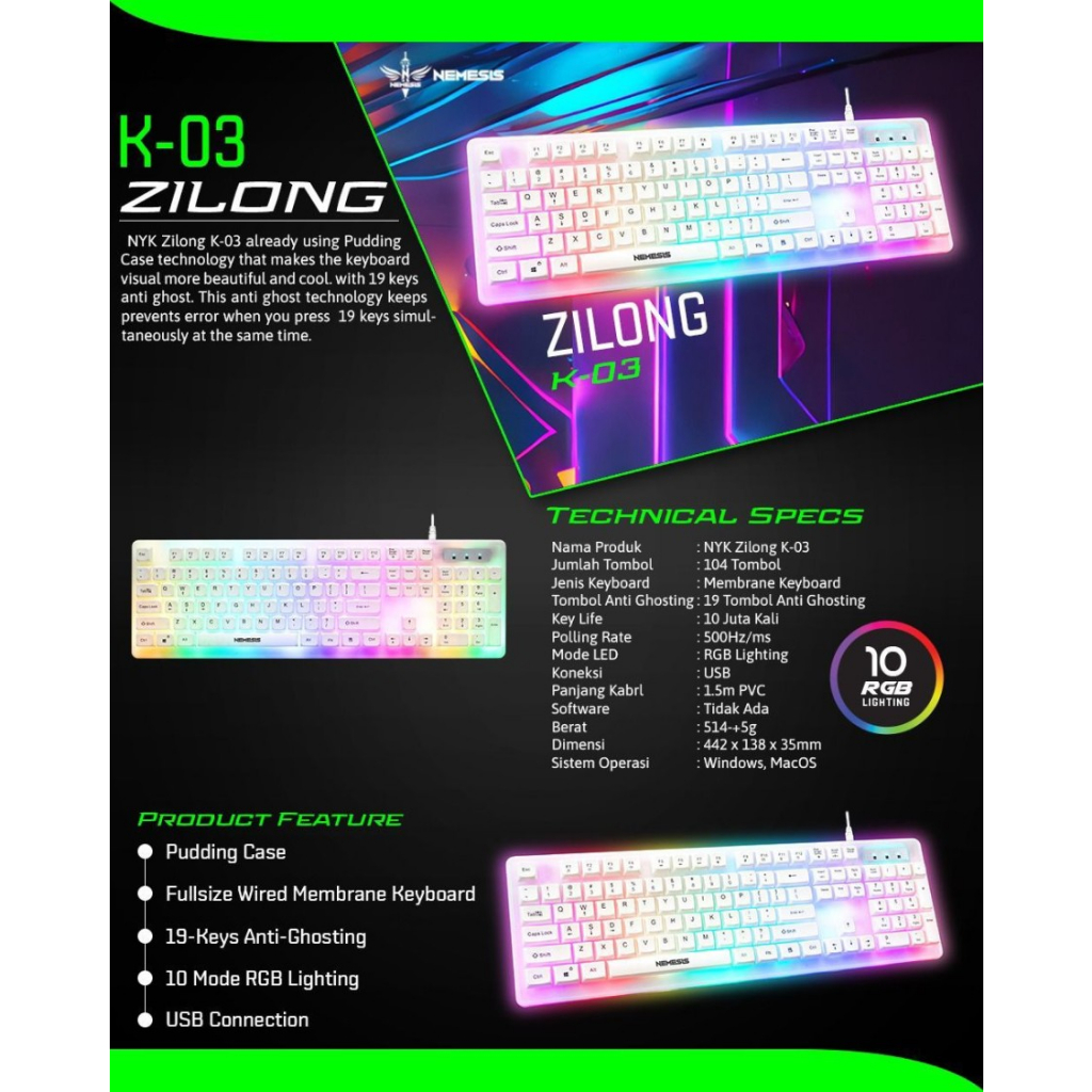 Keyboard NYK Nemesis K-03 K03 Zilong RGB | Keyboard Gaming