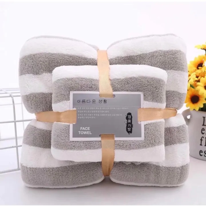 Handuk Mandi Dewasa Tebal Lembut Menyerap Cepat Set 2in1 Motif Salur Premium Cotton Towel