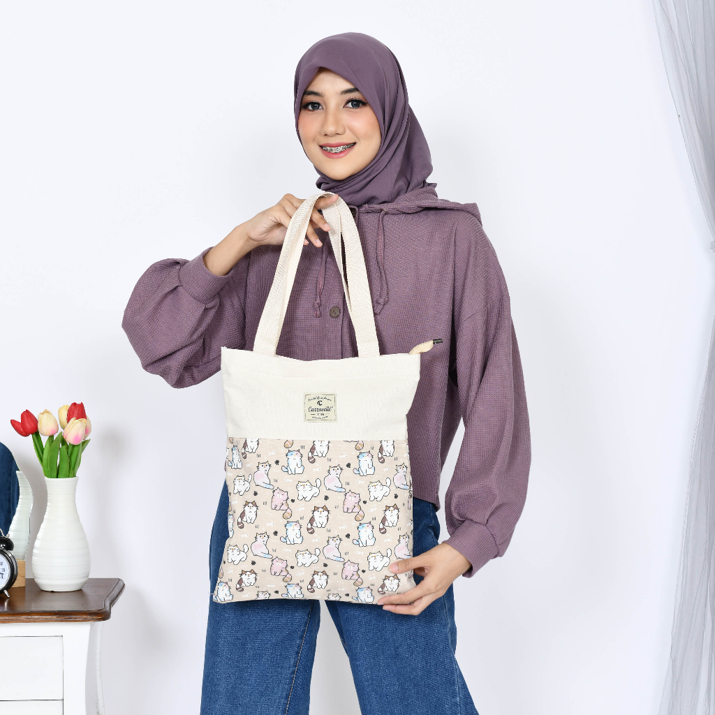 Tas Tote Bag Aesthetic Resleting Kuliah Wanita Kekinian bahan kanvas Polos dan Canvas motif bisa custom sablon untuk seminar souvenir gift dll