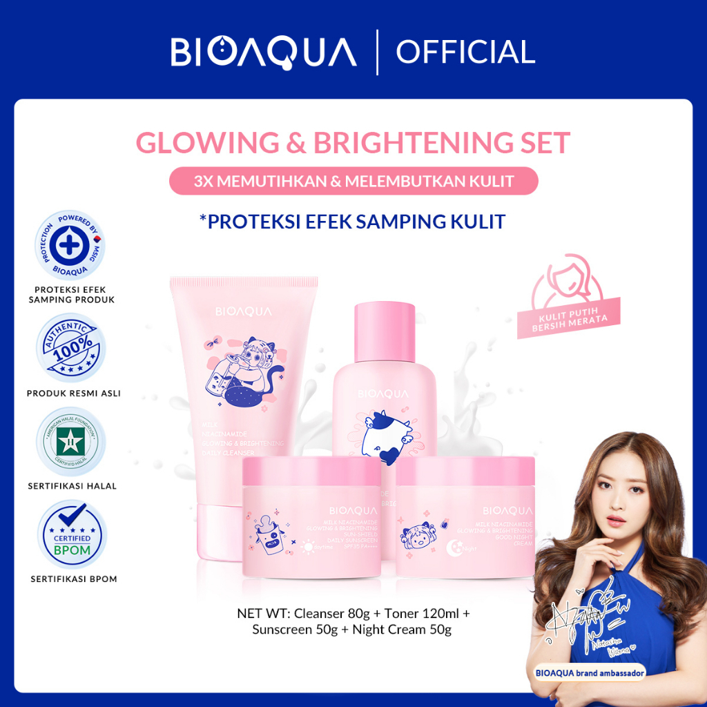 BIOAQUA Niacinamide Glowing &amp; Brightening / Tea Tree Oligopeptide Acne Set isi (4) With Cleanser / Toner / Sunscreen / Night Cream - Bioaqua Paket Skincare Wajah - Bpom