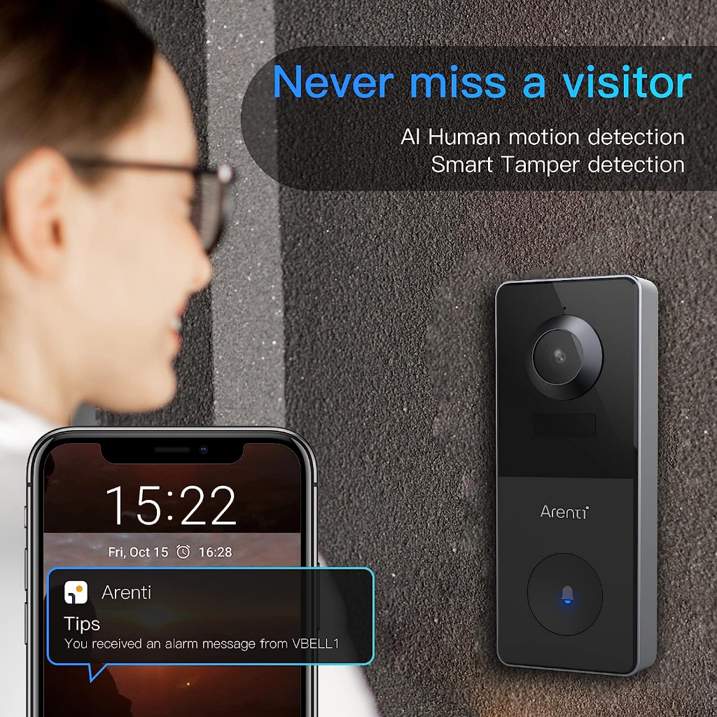 ARENTI VBELL1 Doorbell CCTV Bel Alarm Pintu Anti Maling WIFI Video 2K Wireless Chime Outdoor Battery-Powered With Apps