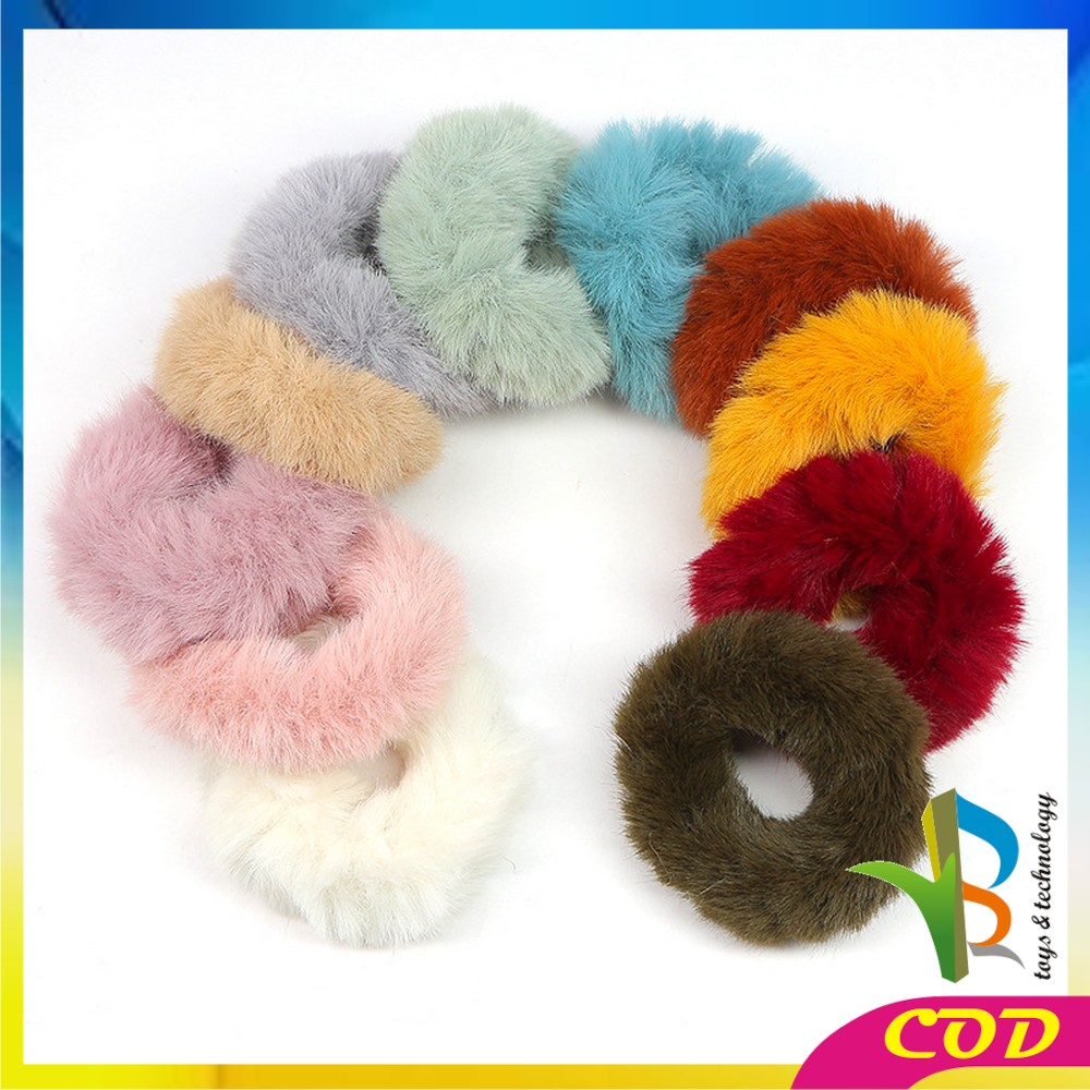 RB-C877 Ikat Rambut Bulu Pompom Polos Elastis Korean Style / Scrunchie Ponytail Ikat Rambut Anak Perempuan / Karet Aksesoris Rambut Cepol Wanita Import