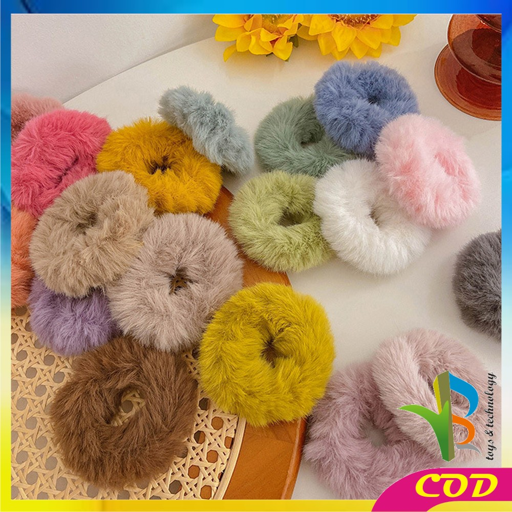 RB-C877 Ikat Rambut Bulu Pompom Polos Elastis Korean Style / Scrunchie Ponytail Ikat Rambut Anak Perempuan / Karet Aksesoris Rambut Cepol Wanita Import