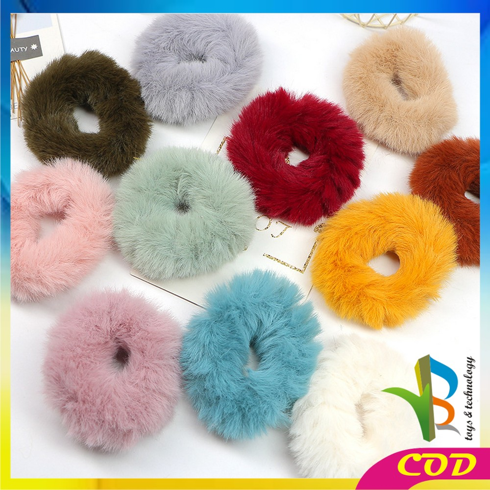 RB-C877 Ikat Rambut Bulu Pompom Polos Elastis Korean Style / Scrunchie Ponytail Ikat Rambut Anak Perempuan / Karet Aksesoris Rambut Cepol Wanita Import