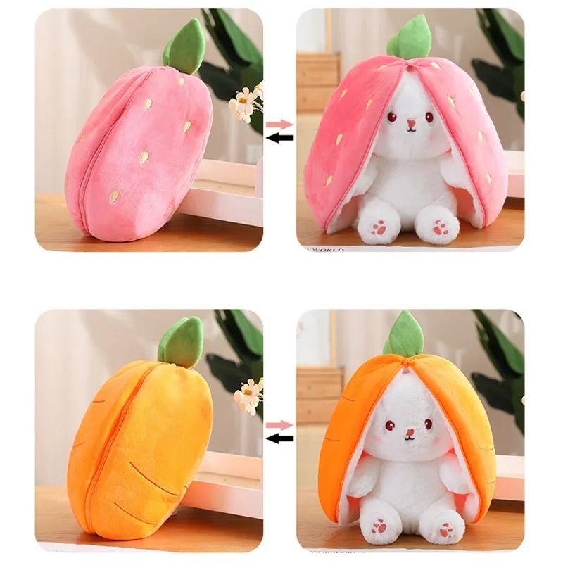 Mainan Boneka Kelinci Strawberry Mewah Flip Lucu Rabbit Berubah Bentuk jadi Stroberi dan Wortel