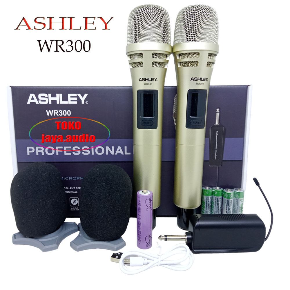 Mic Wireless ASHLEY WR-300 ORIGINAL Dua Mik Genggam Mic Duet Mikrophone Tanpa Kabel Mik Vokal