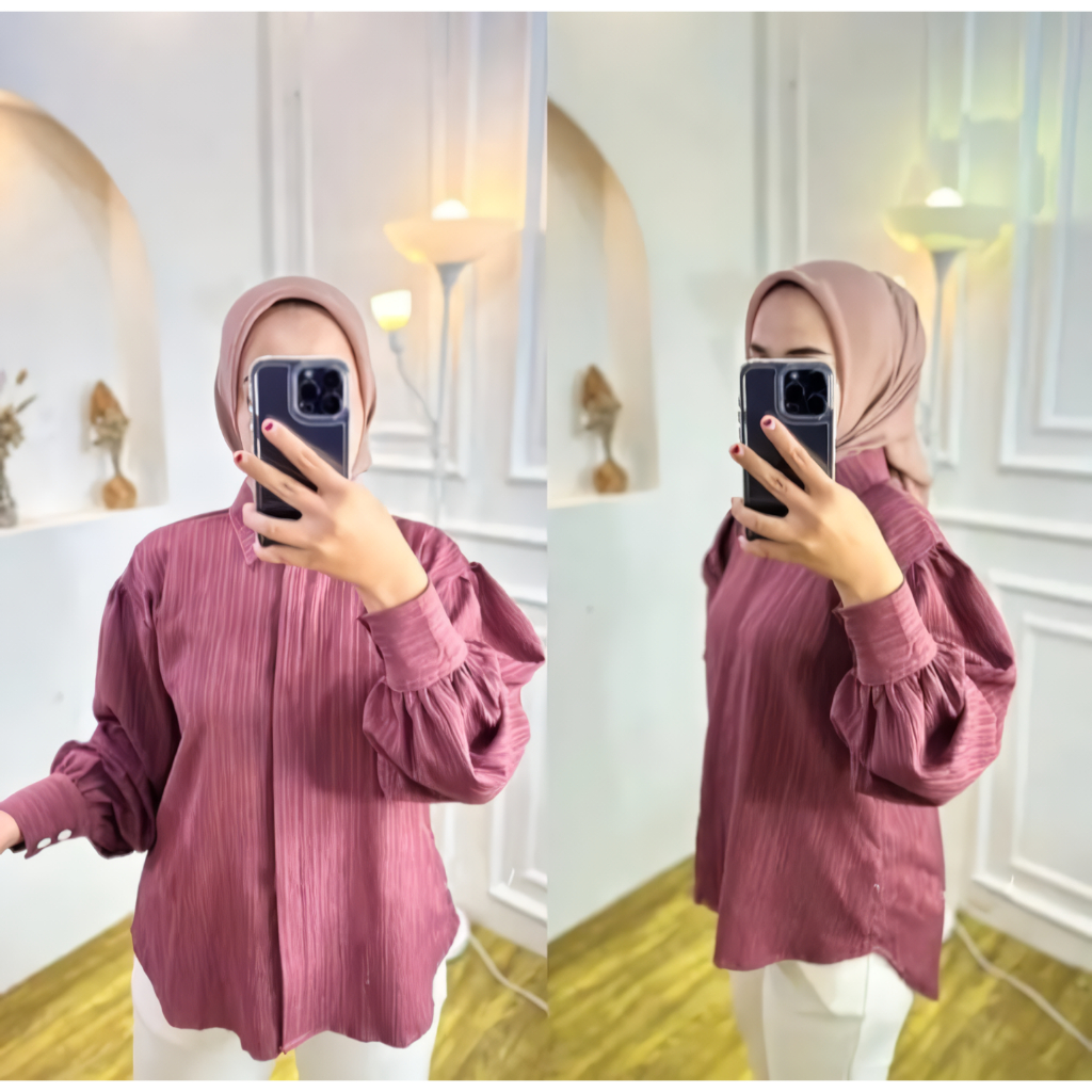 KEMEJA BLOUSE LUNA TANGAN BALON BAHAN LADY CRUSH / KEMEJA WANITA TERBARU / Baju Atasan Wanita Terbaru / kemeja wanita / Blouse Wanita / Baju Wanita / atasan Wanita Kekinian