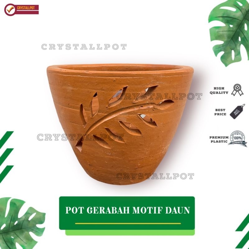 POT BUNGA TANAMAN GERABAH TANAH LIAT MOTIF DAUN TERRACOTTA D22 - MOTIF DAUN