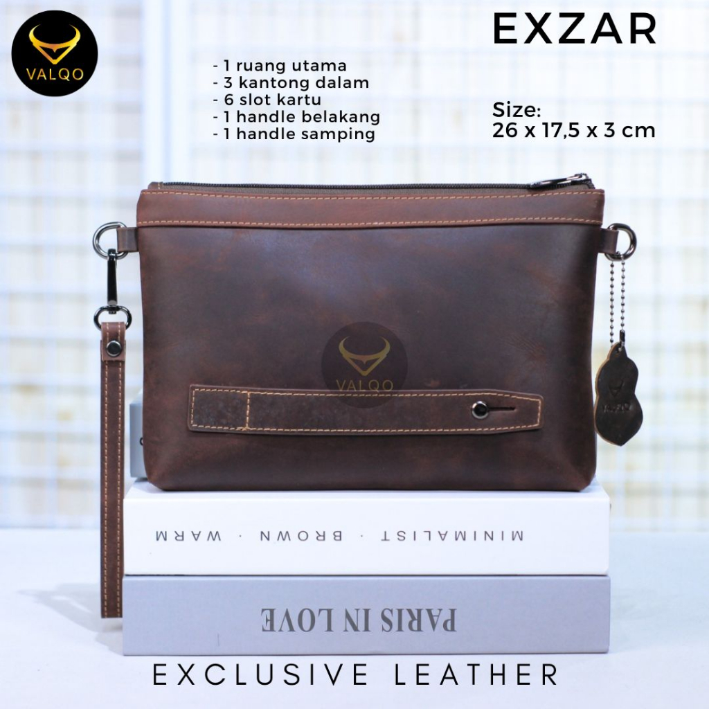 [VALQO] EXZAR Clutch kulit Sapi Pouch Kulit Handbag Wanita Pria 6 Slot Kartu Tas Tangan