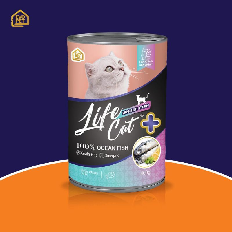 EXPEDISI ( 24 KALENG / 1 DUS ) Makanan Kucing Life Cat Kaleng Plus Whole Fish 400G Wet Food / Life Cat + Kaleng