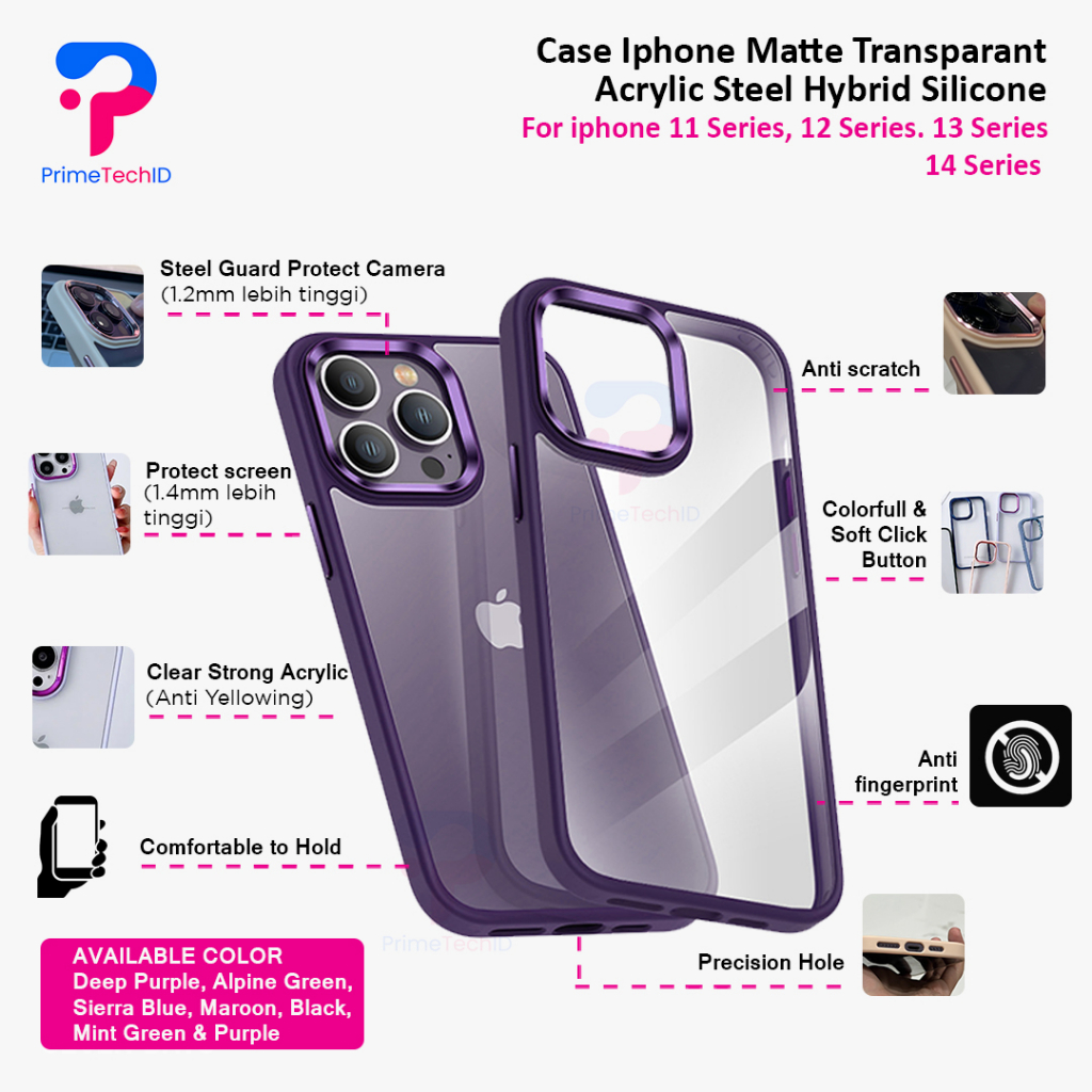 CASE IPHONE MATTE TRANSPARAN ACRYLIC Steel Hybrid Silicone Softcase Fullcover PELINDUNG LENSA METALIK For iphone 11 11 Pro 11 Pro Max 12 12 Pro 12 Pro Max 13 13 Pro 13 PRO PROMAX