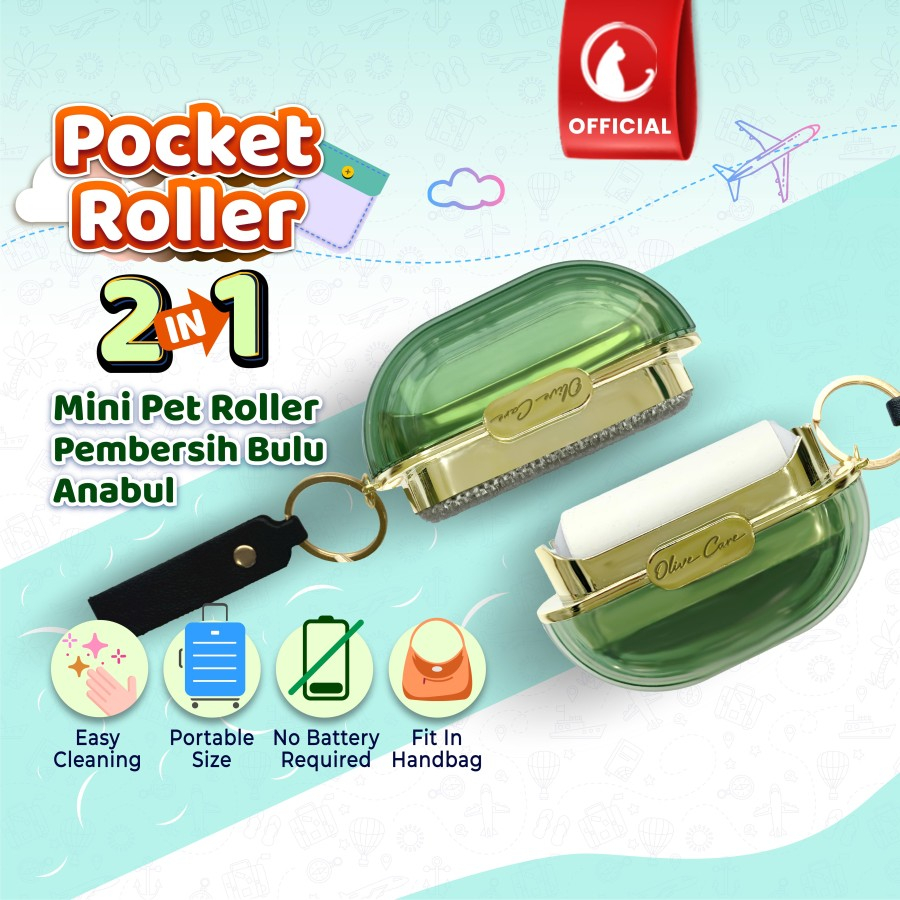 OLIVE CARE POCKET ROLLER Portable 2in1 Travel Mini Size - Pembersih Bulu Kucing/Anjing  Dua Sisi Stiker Roll &amp; Sikat