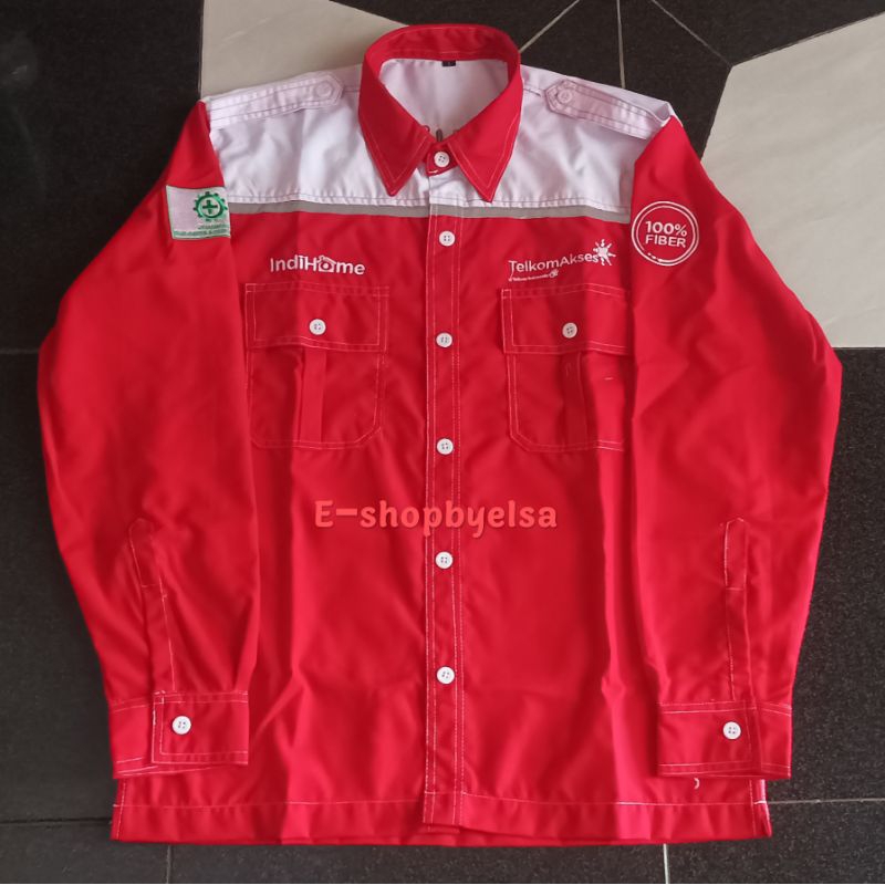 NEW Seragam Indihome Lengan Panjang Baju Telkom Kemeja Kerja Pria Merah Putih Logo Bordir K3