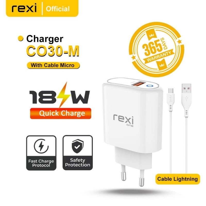 Rexi CO30 Fast Charging 18W 3A Charger with Micro USB / Type-C / Lightning Cable