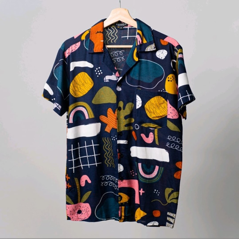 Kemeja Pria Hawai/ Kemeja Pantai Abstrak Vintage Casual Lengan Pendek Retro Bahan Rayon Viscose import adem-Darkblue