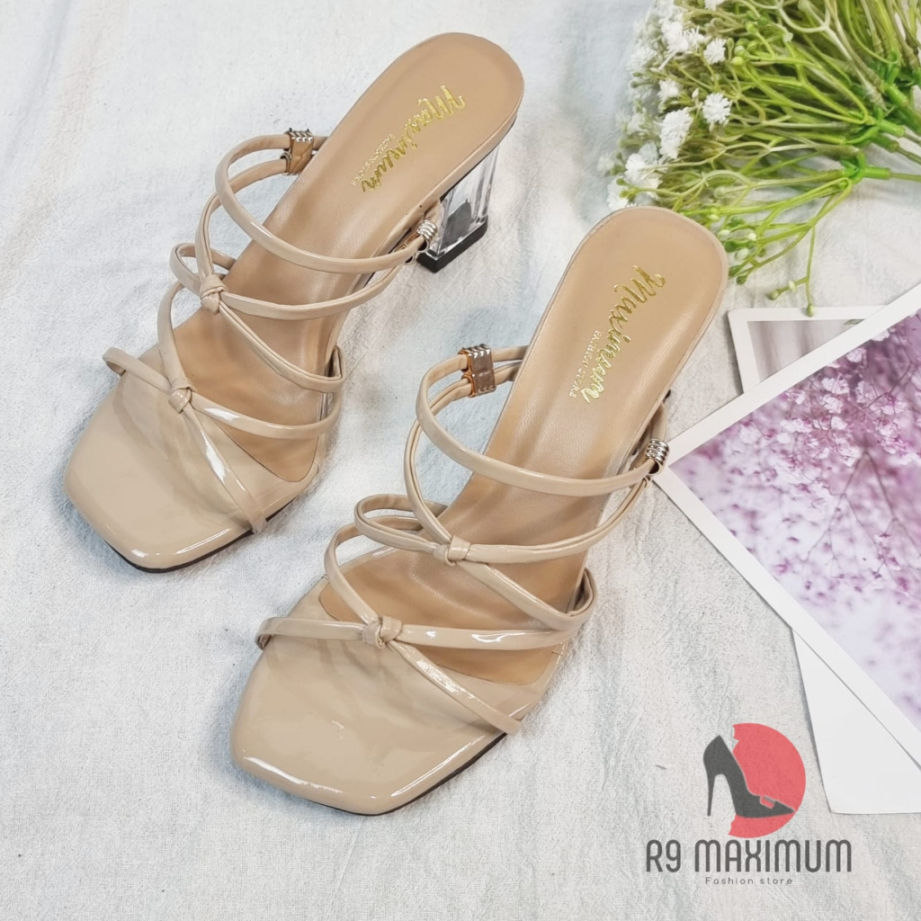 R9 MAXIMUM - UM01 SANDAL HEELS WANITA ANDIN TALI SILANG HAK KACA 7cm UM01 sepatu pesta wanita