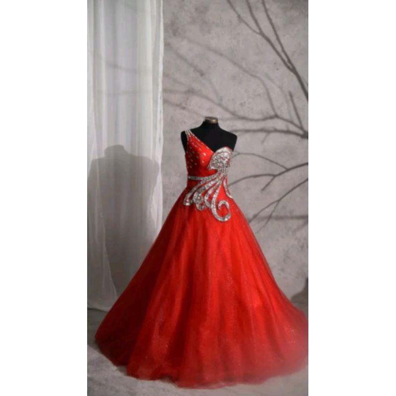 gaun pengantin second gaun merah mewah red dress preloved