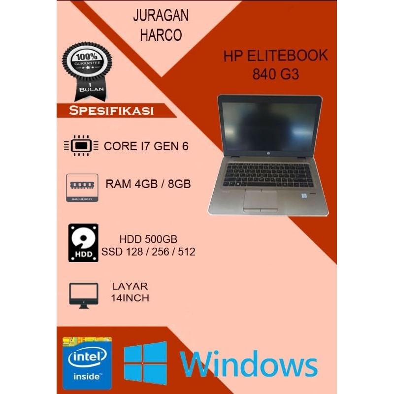 laptop Hp 840 G3 core i7 gen 6 Ram 8gb SSD 256