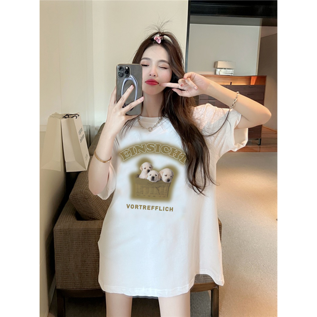 EUNII T-shirt Lengan Pendek Cartoon Basket Dog Printing Korean Style/Kaos Atasan Wanita/Baju Kaus Oversize Wanita/Kaos Wanita