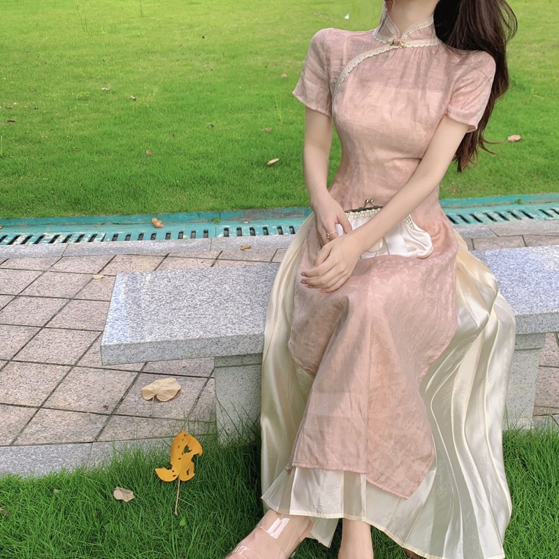 Dress Cheongsam Pink Feminim Beauty Girl M494