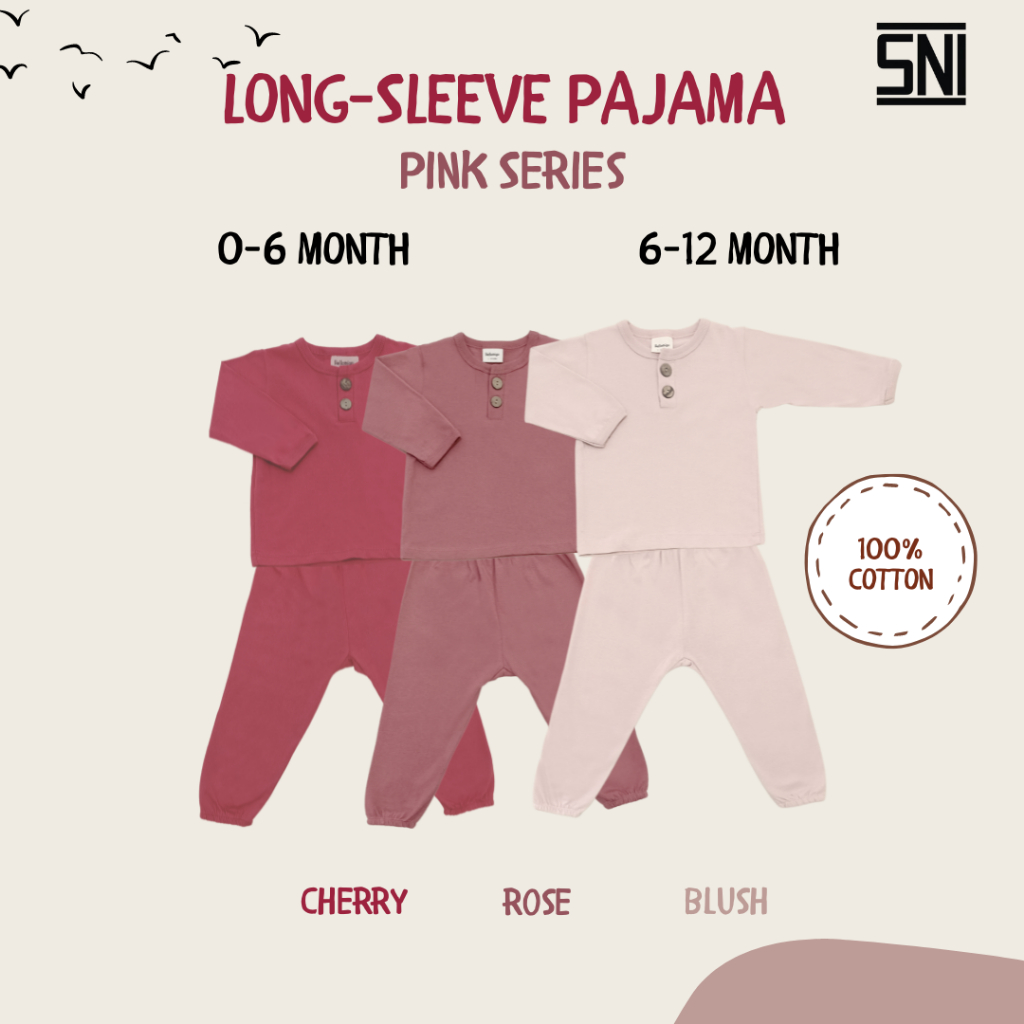 Hellomigu Long Sleeve Pajama Set/ Piyama Baju Tidur Setelan Bayi Perempuan Laki laki Anak Cewe Cowo Bayi Polos 0-6 6-12 Bulan Pink Series