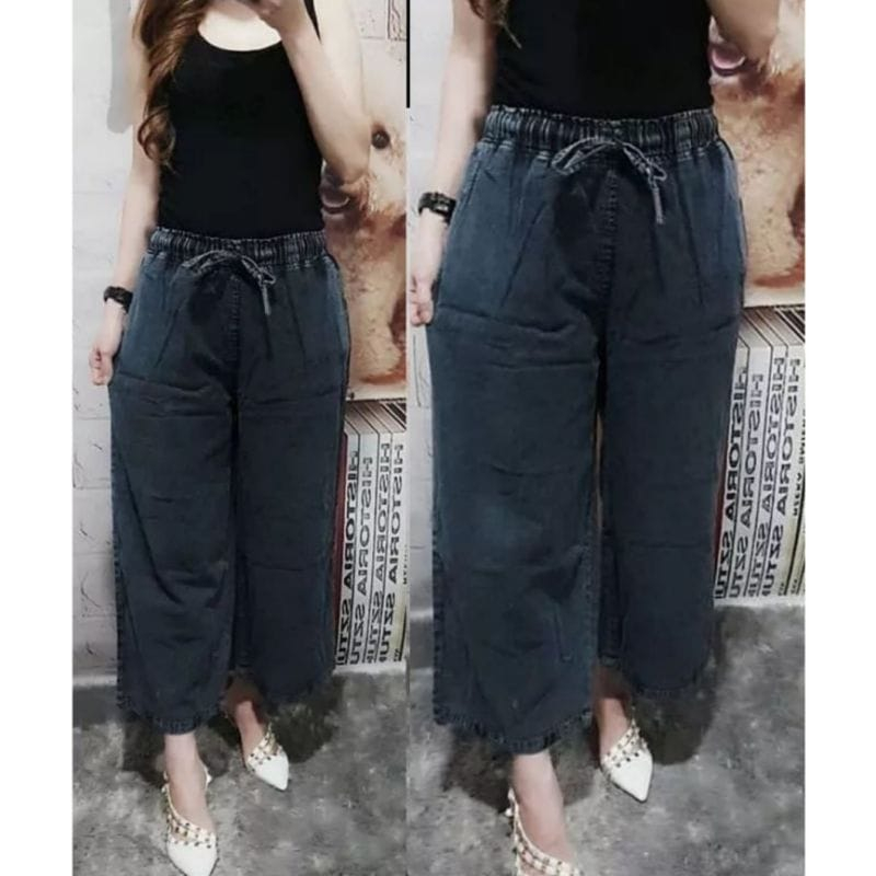 High Waist Kulot Jeans Wanita Snow Black Pinggang Karet Jumbo 80 Kg - Celana Jeans Wanita Kulot Rawi