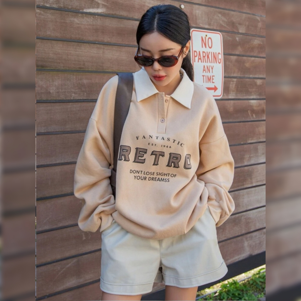 RETRO COLLAR SWEATER OVERSIZE WANITA MODEL KERAH SWEATSHIRT POLOS KOREAN