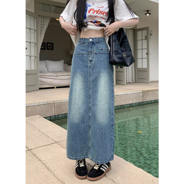 Korean Style Slit Rok Denim Panjang Wanita High Waist A-line Skirt Midi