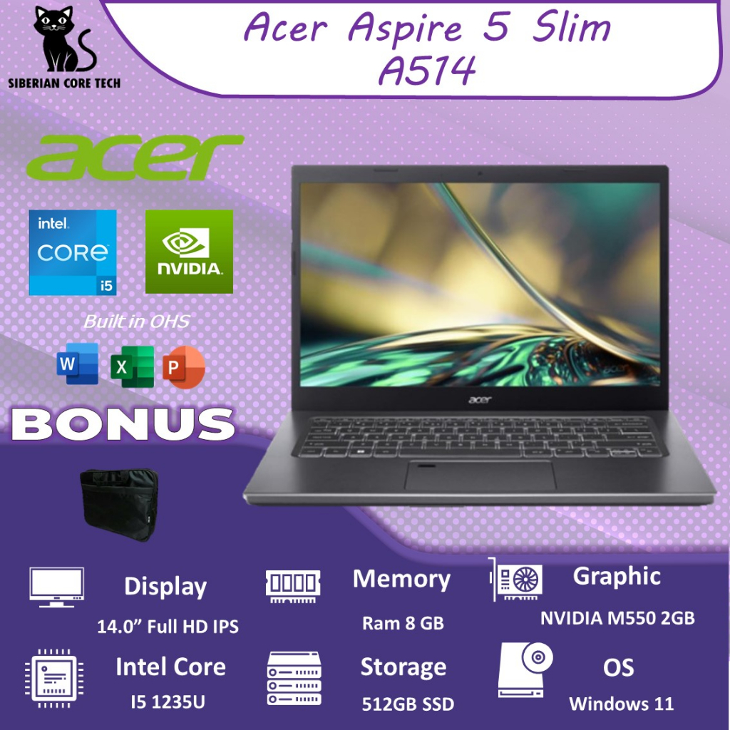 ACER ASPIRE 5 SLIM A514 MX550 2GB/ I7 1255U 8GB 512SSD W11+OHS 14.0FHD IPS THUNDERB BLIT FP 1/3/0+ADP GRY -55G.75BB