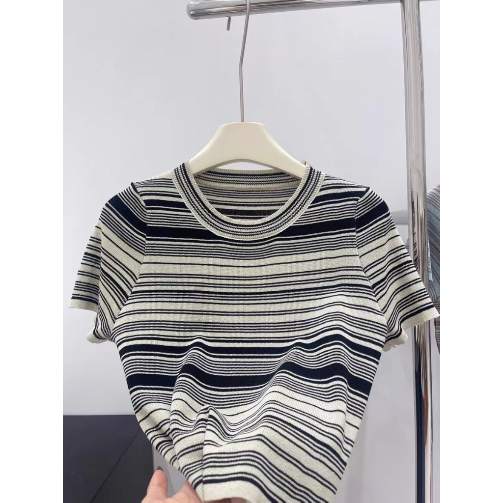 XIAOZHAINV Korean Style Knit Colorful Stripe Kaos Atasan Wanita 0800