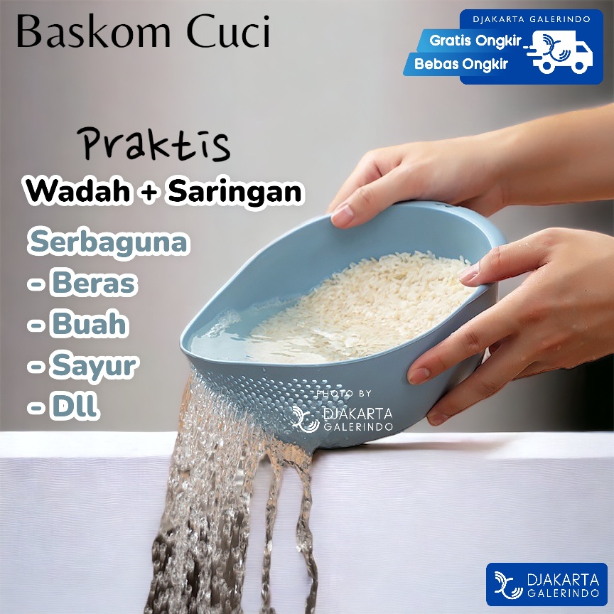 Baskom Cuci Beras Buah Sayur Baskom Penyaring air Wadah waskom Cuci Beras &amp; Buah baskom 2 in 1