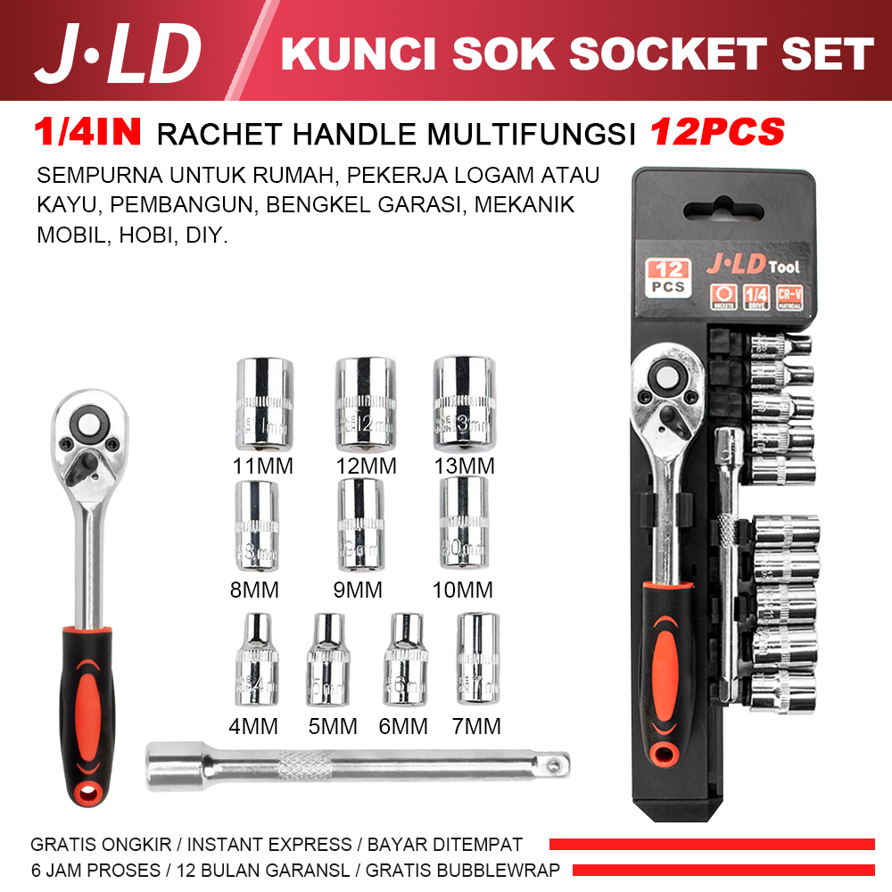 JLD kunci 1 set lengkap 1/4IN Rachet alat perkakas lengkap motor 12pcs Kunci Set Socket Sok CR-V Kun