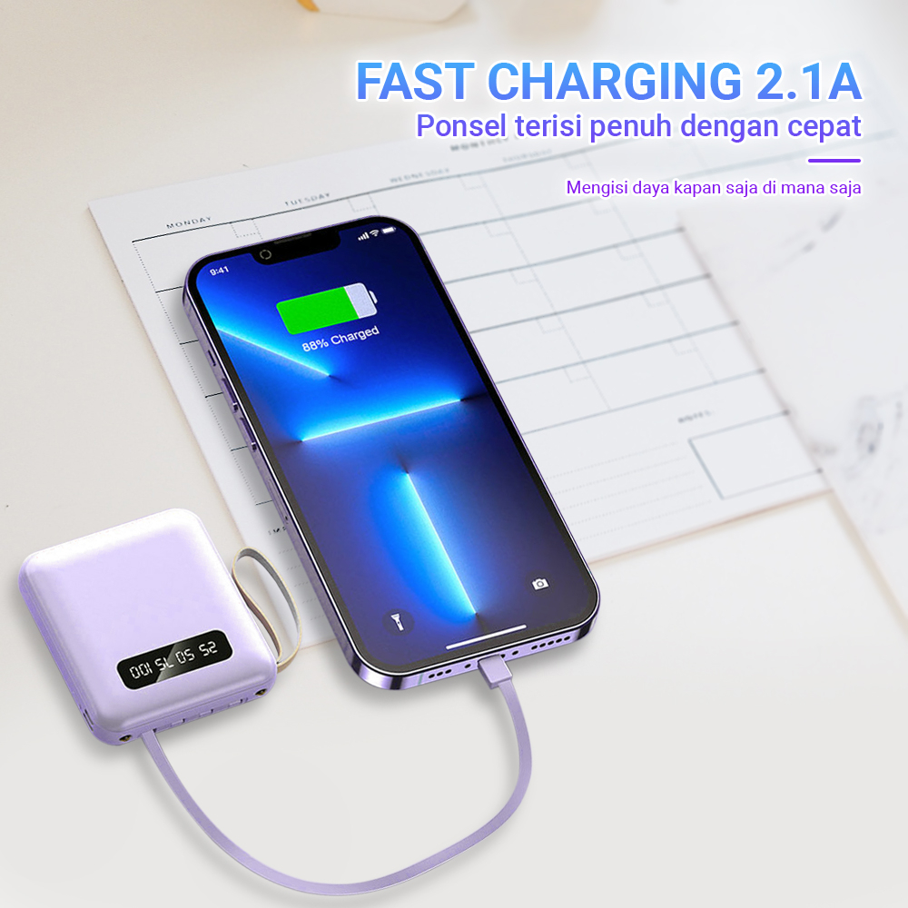 Finito Powerbank fast charge mini Powerbank robot 4 in 1 2.4A Real Capacity Dilengkapi dengan kabel pengisi daya iphone &amp;Type C &amp; Micro USB